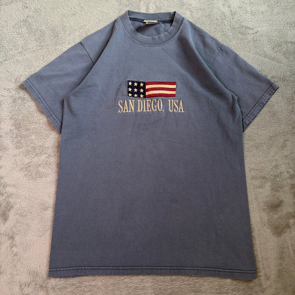Vintage TSC West T-Shirt Men's S Blue San Diego USA Embroidered Flag Heavyweight
